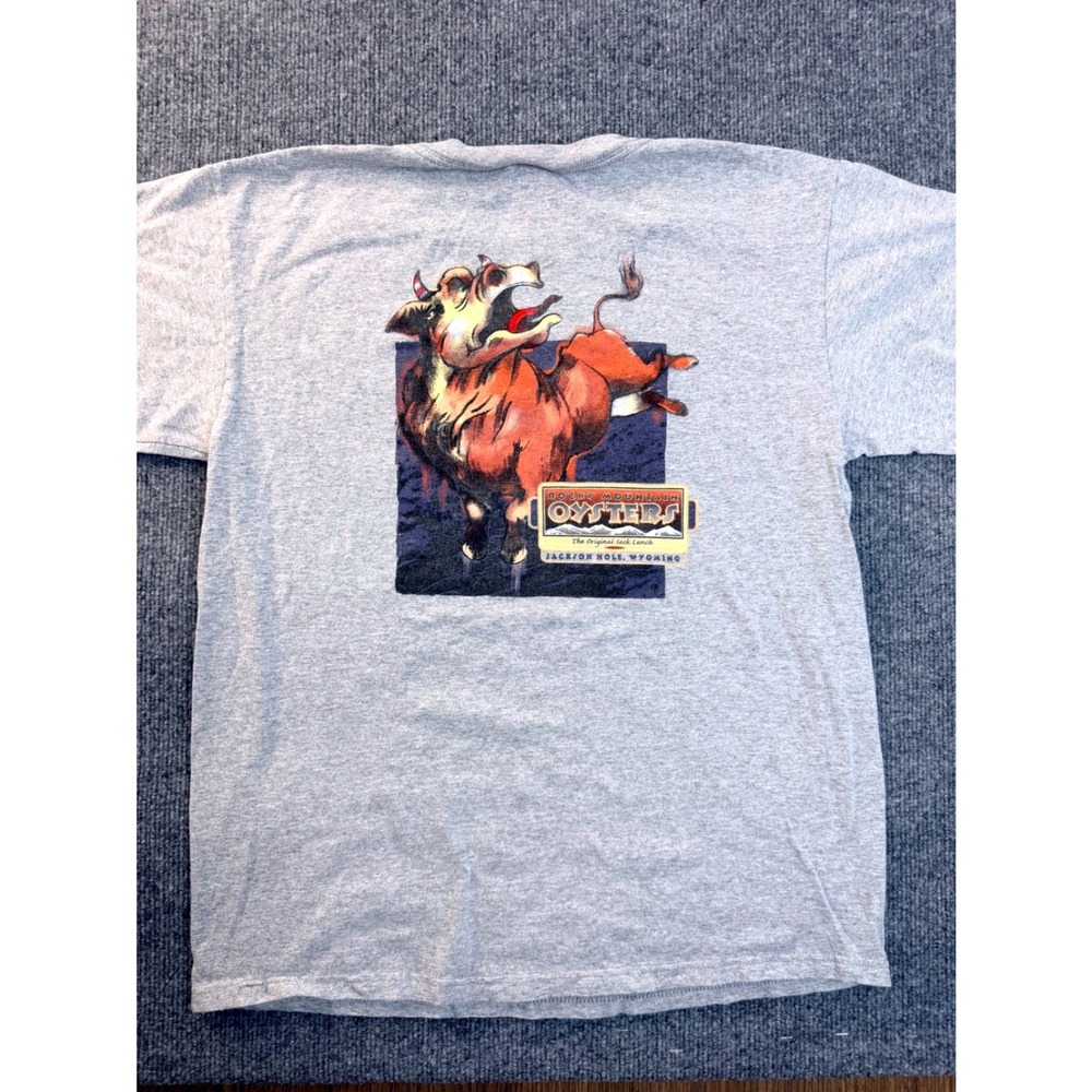 Anvil Rocky Mountain Oysters T Shirt Mens Medium Gray Jackson Hole Wyoming Bull